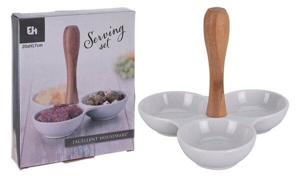 Μπολ Σερβιρίσματος Excellent Houseware πορσελάνινο, λαβή από μπαμπού, με 3 ξεχωριστές θήκες, λευκό, 20 x 20 x 17cm