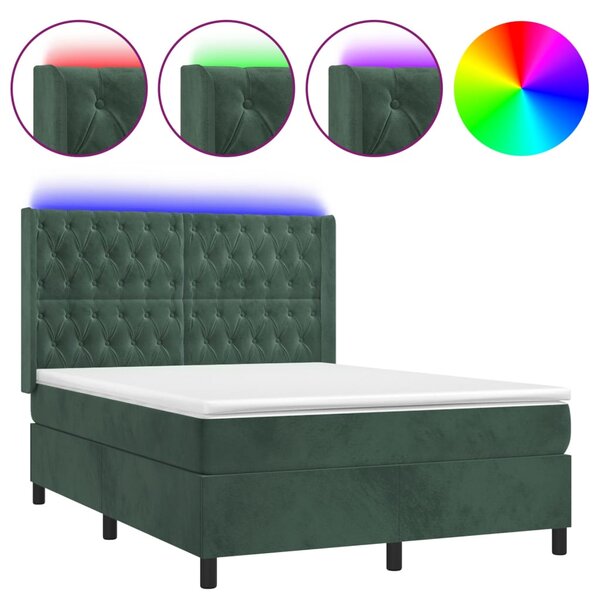 VidaXL Κρεβάτι Boxspring με Στρώμα & LED Σκ. Πράσινο 140x190εκ Βελούδο