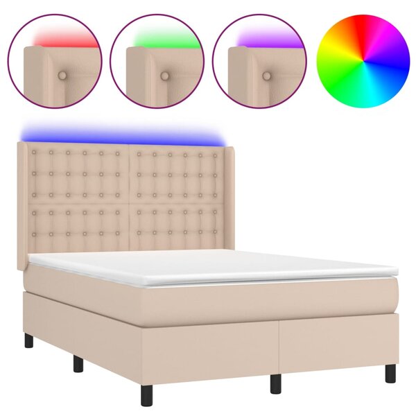 VidaXL Κρεβάτι Boxspring Στρώμα&LED Καπουτσίνο 140x200 εκ. Συνθ. Δέρμα