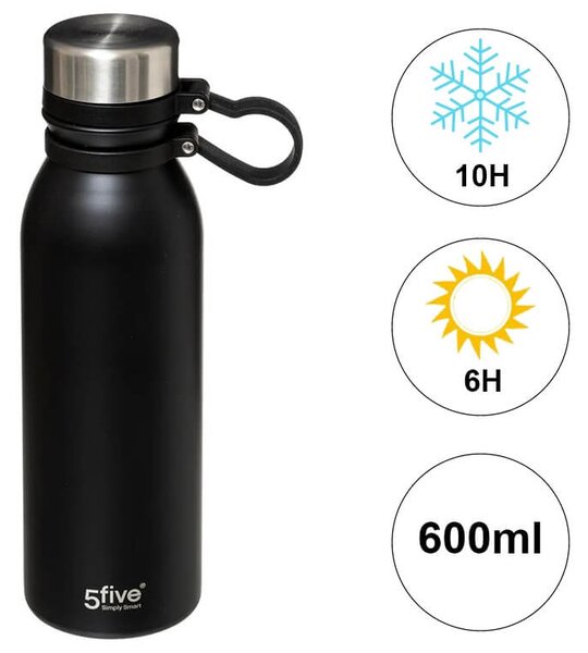 Μπουκάλι Θερμός 5five με λαβή, χωρητικότητα 600ml και διατήρηση θερμοκρασίας 6h ζεστό / 10h κρύο - Βlack