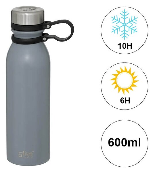 Μπουκάλι Θερμός 5five με λαβή, χωρητικότητα 600ml και διατήρηση θερμοκρασίας 6h ζεστό / 10h κρύο - Gray