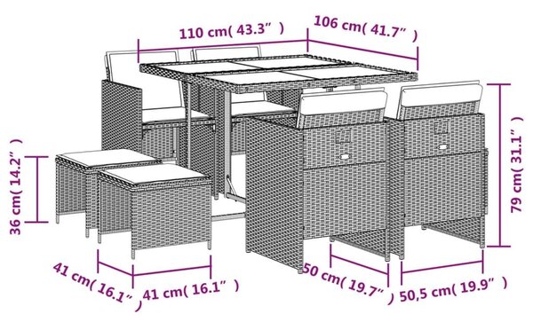 Σετ Τραπεζαρίας Κήπου 9 τεμ. Γκρι Συνθ. Ρατάν με Μαξιλάρια - Γκρι