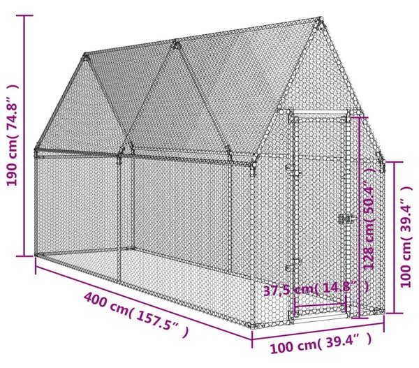 Κοτέτσι - Κλουβί Ασημί 400x100x190 εκ. από Γαλβανισμένο Χάλυβα - Ασήμι