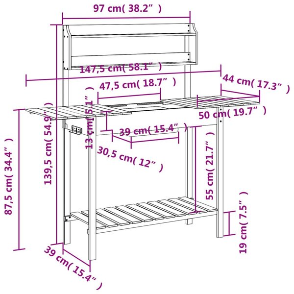 Τραπέζι για Γλάστρες+Νεροχύτη Καφέ 147,5x44x139,5εκ Μασίφ Ελάτη - Καφέ