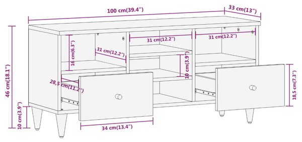 Έπιπλο Τηλεόρασης 100 x 33 x 46 εκ. από Μασίφ Ξύλο Μάνγκο - Καφέ