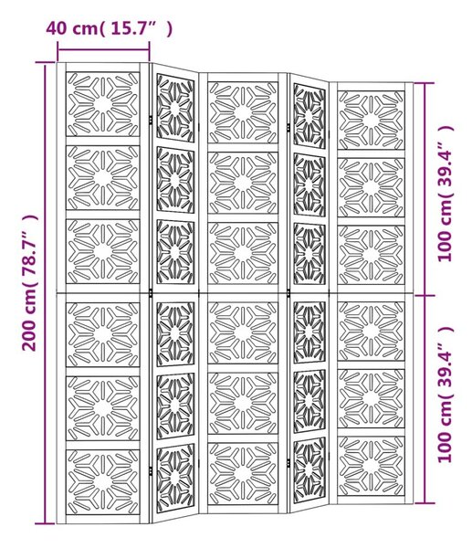 Διαχωριστικό Χώρου με 5 Πάνελ Καφέ/Μαύρο Μασίφ Ξύλο Παυλώνιας - Καφέ