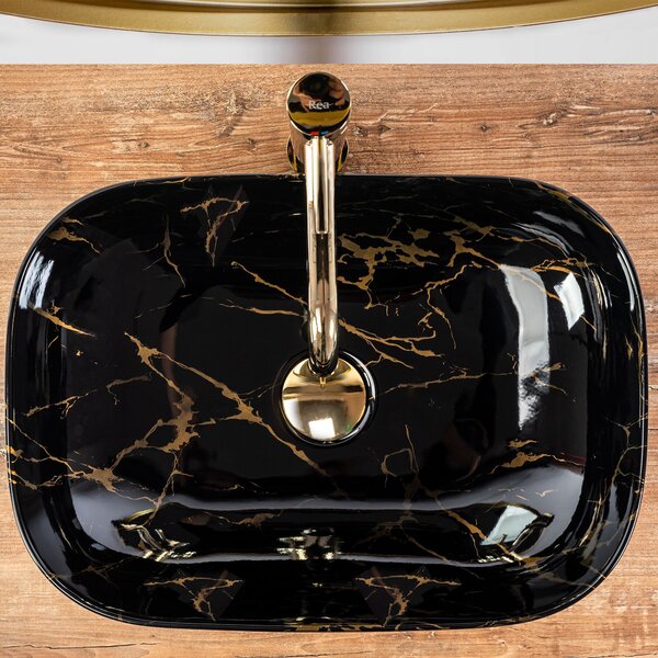 Γυαλιστερός νιπτήρας Rea Belinda Black Marble Μ 46.5 x Π 33 x Υ13.5