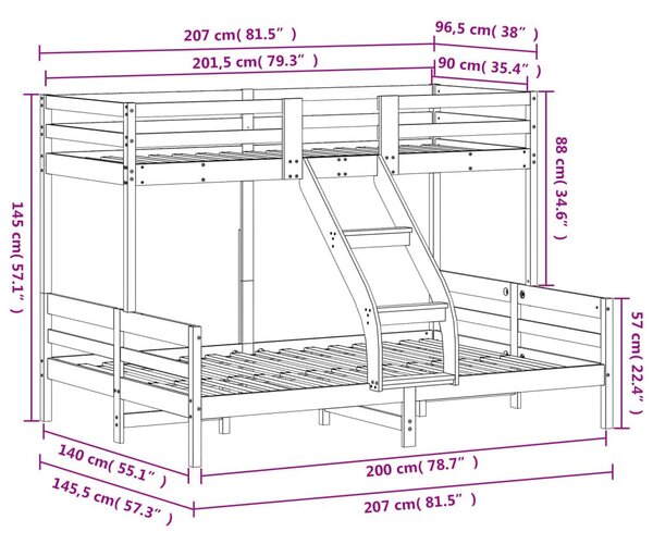 Κουκέτα 90x200/140x200 εκ. από Μασίφ Ξύλο Πεύκου - Καφέ