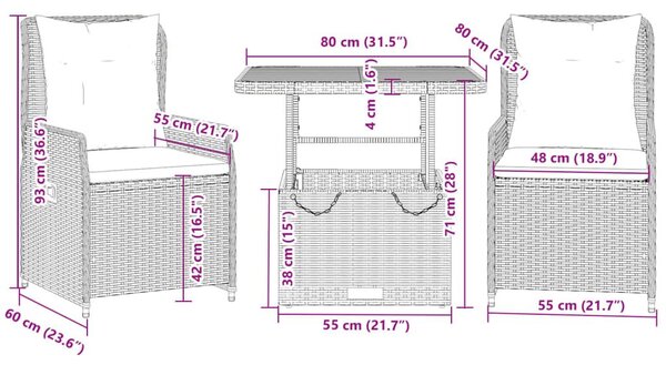 Σετ Επίπλων Bistro 3 τεμ Γκρι Συνθετικό Ρατάν με Μαξιλάρια - Γκρι