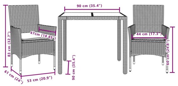 Σετ Τραπεζαρίας Κήπου 3 τεμ. Μπεζ Συνθ.Ρατάν/Γυαλί με Μαξιλάρια - Μπεζ