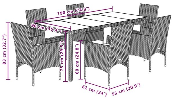 Σετ Τραπεζαρίας Κήπου 7 τεμ. Γκρι Συνθ.Ρατάν/Γυαλί με Μαξιλάρια - Γκρι