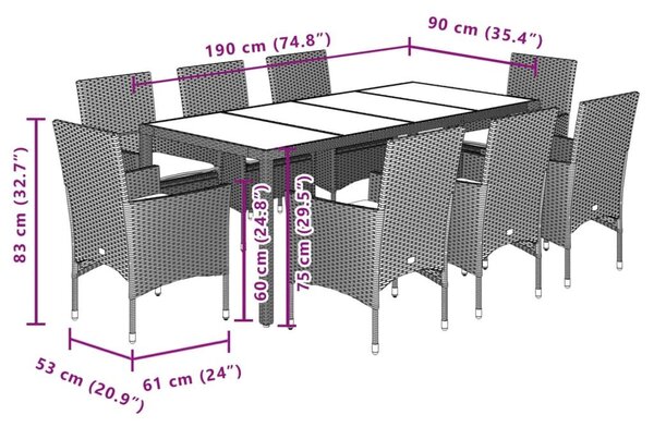 Σετ Τραπεζαρίας Κήπου 9 τεμ. Γκρι Συνθ.Ρατάν/Γυαλί με Μαξιλάρια - Γκρι