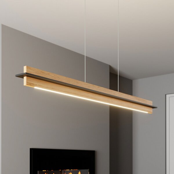 Quitani LED κρεμαστό φωτιστικό Lexa, δρυς/μαύρο, μήκος 118 cm, ρυθμιζόμενος, Ξύλου, Σαλόνι / τραπεζαρία, Ξύλο, σύγχρονο