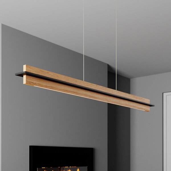 Quitani LED κρεμαστό φωτιστικό Lexa, δρυς/μαύρο, μήκος 118 cm, ρυθμιζόμενος, Ξύλου, Σαλόνι / τραπεζαρία, Ξύλο, σύγχρονο