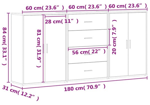 Βοηθητικά Ντουλάπια 3 τεμ. Λευκό 60x31x84 εκ. Επεξεργ. Ξύλο - Λευκό