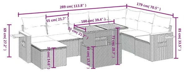 Σαλόνι Κήπου Σετ 9 Τεμαχίων Γκρι Συνθετικό Ρατάν με Μαξιλάρια - Γκρι