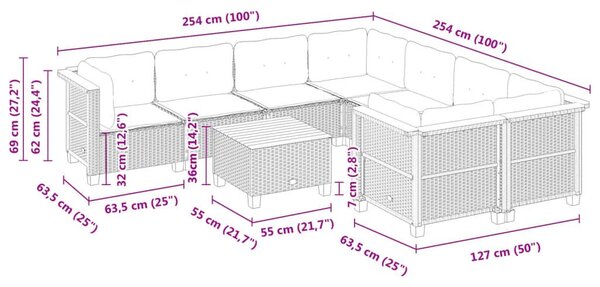 Σαλόνι Κήπου Σετ 9 Τεμαχίων Γκρι Συνθετικό Ρατάν με Μαξιλάρια - Γκρι