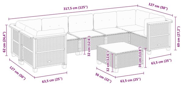 Σαλόνι Κήπου Σετ 8 Τεμαχίων Γκρι Συνθετικό Ρατάν με Μαξιλάρια - Γκρι