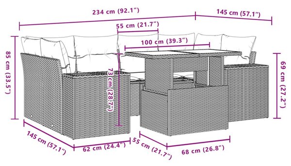 Καναπές Σετ 7 Τεμαχίων Μαύρο Συνθετικό Ρατάν με Μαξιλάρια - Μαύρο