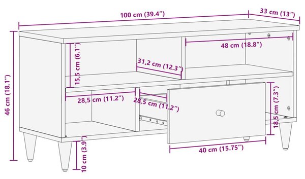 Έπιπλο Τηλεόρασης 100 x 33 x 46 εκ. από Μασίφ Ξύλο Μάνγκο - Μαύρο