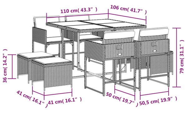 Σετ Τραπεζαρίας Κήπου 9 τεμ. Γκρι Συνθ. Ρατάν με Μαξιλάρια - Γκρι