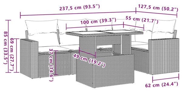 Σαλόνι Κήπου Σετ 6 Τεμαχίων Καφέ Συνθετικό Ρατάν με Μαξιλάρια - Καφέ