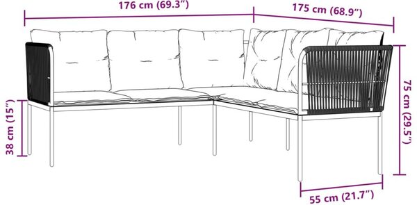 Καναπές Κήπου Μαύρος Σχήμα L από Ατσάλι/Textilene με Μαξιλάρια - Μαύρο