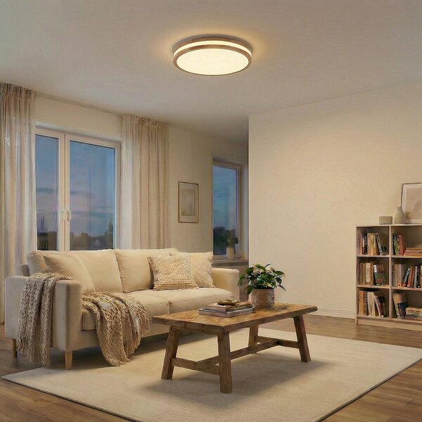 Lindby Φωτιστικό οροφής LED Emiva, 50 cm, ανοιχτόχρωμο ξύλο, CCT, ρυθμιζόμενος, Ξύλου, Σαλόνι / τραπεζαρία, Ξύλο, σύγχρονο