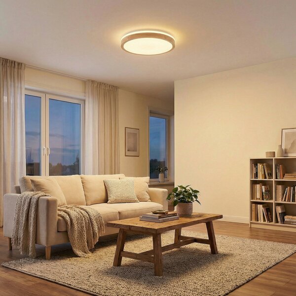 Lindby LED φωτιστικό οροφής Emiva, Ø 49 cm, CCT, ξύλο, ρυθμιζόμενος, Ξύλου, Σαλόνι / τραπεζαρία, Ξύλο, σύγχρονο