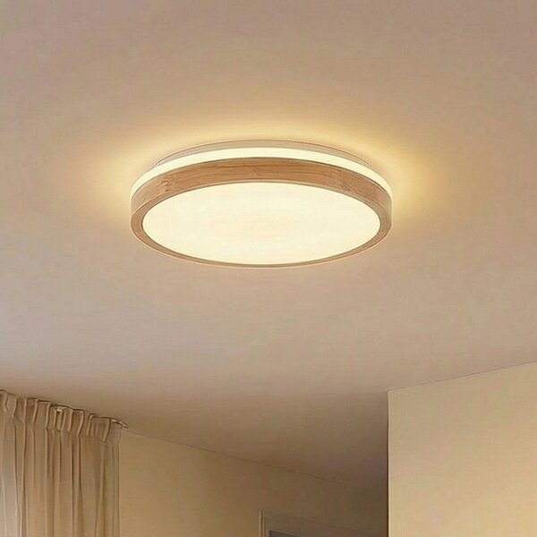 Lindby LED φωτιστικό οροφής Emiva, Ø 49 cm, CCT, ξύλο, ρυθμιζόμενος, Ξύλου, Σαλόνι / τραπεζαρία, Ξύλο, σύγχρονο