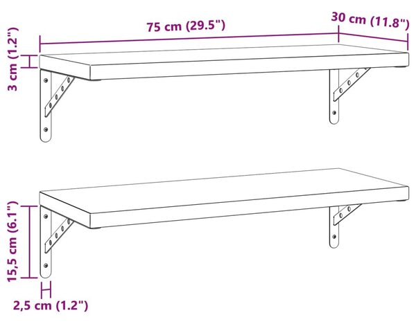 Ράφια Τοίχου 2 τεμ. Μαύρο 75x30 εκ. Ανοξείδωτο Ατσάλι - Μαύρο