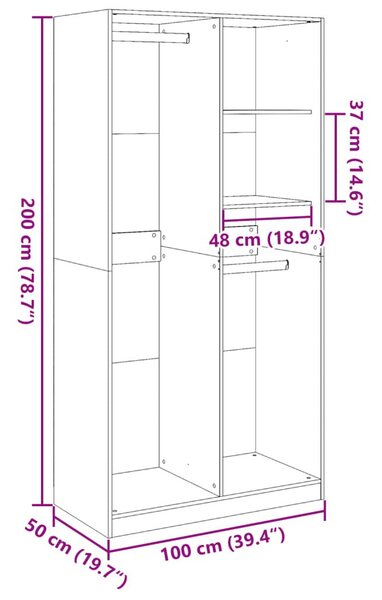 Ντουλάπα Καφέ Αρτισιανή Δρυς 100x50x200 εκ Επεξεργασμένο Ξύλο - Καφέ