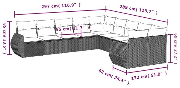 Σαλόνι Κήπου 10 Τεμαχίων Αν. Γκρι Συνθετικό Ρατάν με Μαξιλάρια - Γκρι