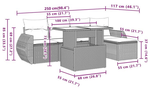 Σαλόνι Κήπου Σετ 6 Τεμαχίων Γκρι Συνθετικό Ρατάν με Μαξιλάρια - Γκρι