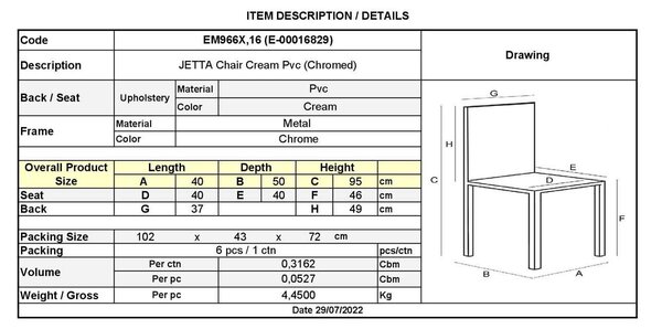 Καρέκλα Jetta-I Χρώμιο/PVC Εκρού Συσκ.6τμχ 40x50x95cm