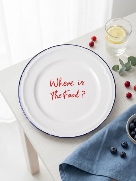 Sinsay - Κεραμικό πιάτο με επιγραφή Where is The Food? - μπλε