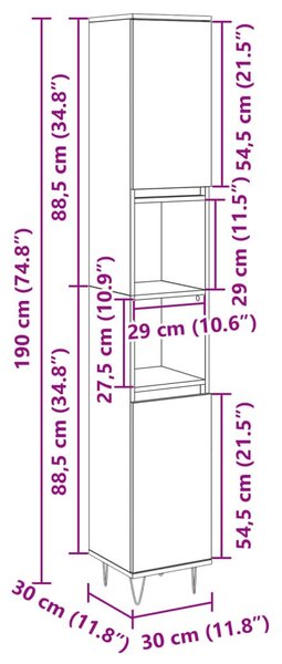 Ντουλάπι Μπάνιου Sonoma Δρυς 30x30x190 εκ. Επεξεργασμένο Ξύλο - Καφέ