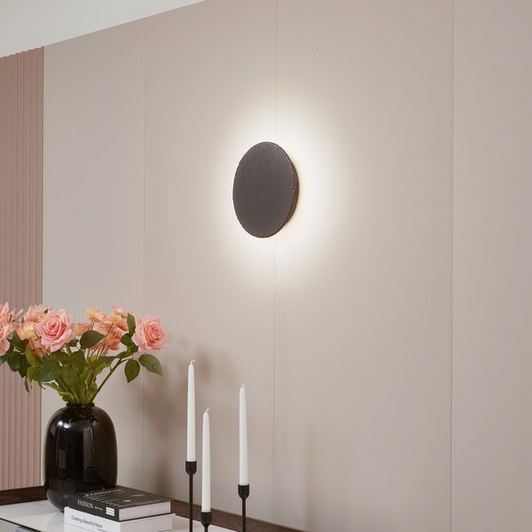 Lindby LED φωτιστικό τοίχου Peetu, Ø 25 cm, σχιστόλιθος, με δυνατότητα ρύθμισης, ρυθμιζόμενος, Γκρι, Σαλόνι / τραπεζαρία, Πέτρα, σύγχρονο