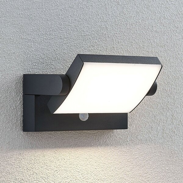 Lindby LED εξωτερική λάμπα τοίχου Sherin, ανθρακί, αισθητήρας, IP54, Μαύρο, Αλουμίνιο, σύγχρονο