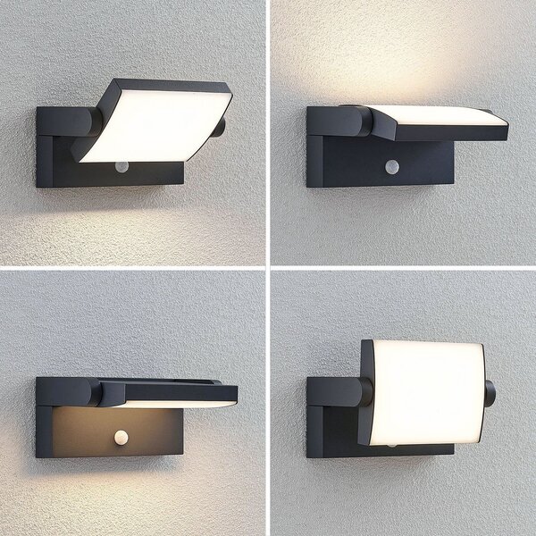 Lindby LED εξωτερική λάμπα τοίχου Sherin, ανθρακί, αισθητήρας, IP54, Μαύρο, Αλουμίνιο, σύγχρονο