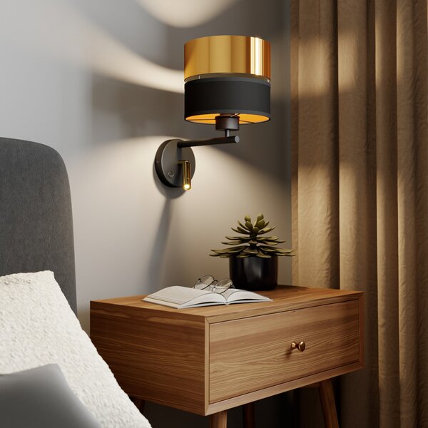 TK Lighting Φωτιστικό τοίχου Hilton μαύρο/χρυσό με LED φως ανάγνωσης, Μαύρο, Σαλόνι / τραπεζαρία, Μέταλλο, σύγχρονο, Φως ανάγνωσης