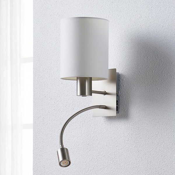 Lindby Φωτιστικό τοίχου Shajan, 29 cm, υφασμάτινο, E27, φως ανάγνωσης LED, Λευκό, Σαλόνι / τραπεζαρία, Ύφασμα / Κλωστοϋφαντουργία, σύγχρονο