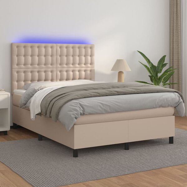 VidaXL Κρεβάτι Boxspring Στρώμα&LED Καπουτσίνο 140x200 εκ. Συνθ. Δέρμα