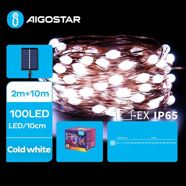 Aigostar - LED Solar Χριστουγεννιάτικα λαμπάκια 100xLED/8 λειτουργίες 12m IP65 ψυχρό λευκό