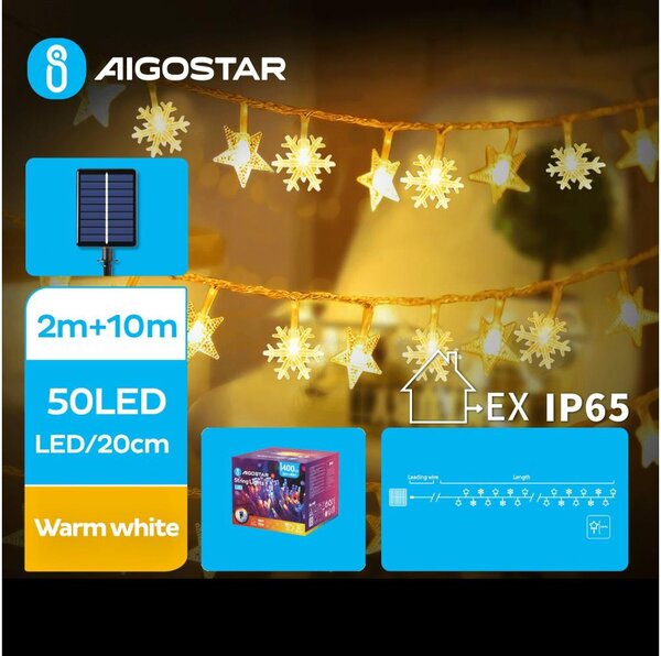 Aigostar - LED Solar Χριστουγεννιάτικα λαμπάκια 50xLED/8 λειτουργίες 12m IP65 θερμό λευκό