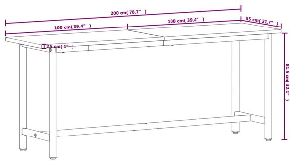 Πάγκος Εργασίας 200x55x81,5εκ. από Μασίφ Ξύλο Οξιάς και Μέταλλο - Καφέ