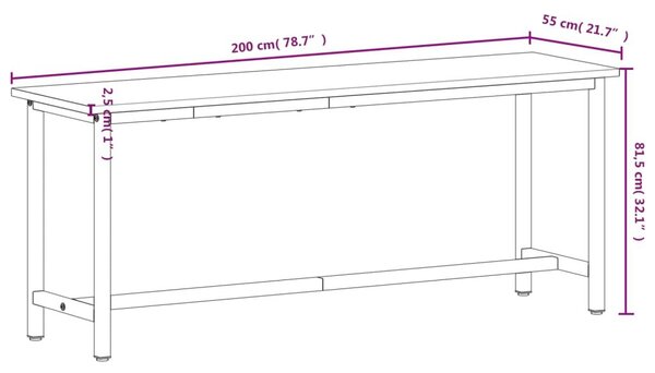 Πάγκος Εργασίας 200x55x81,5εκ. από Μασίφ Ξύλο Οξιάς και Μέταλλο - Καφέ