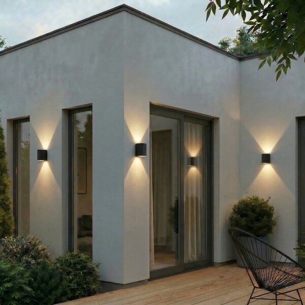 Lindby LED εξωτερική λάμπα τοίχου Ralino, μαύρη, 2 φτερά, IP65, Μαύρο, Αλουμίνιο, σύγχρονο