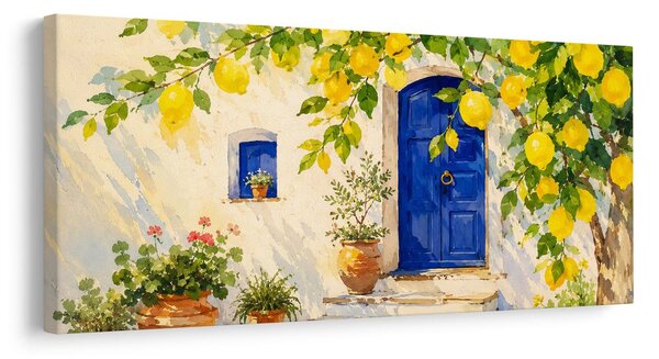 Πίνακας σε καμβά μπλε πόρτα κάτω από λεμόνια