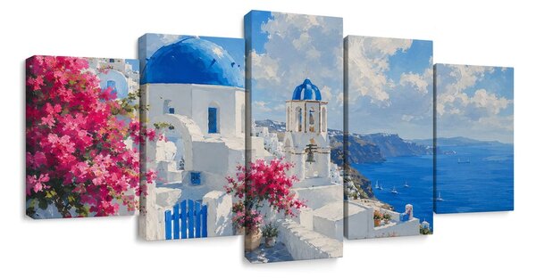Πεντάπτυχος πίνακας λευκά σπιτάκια της Σαντορίνης δίπλα στη θάλασσα